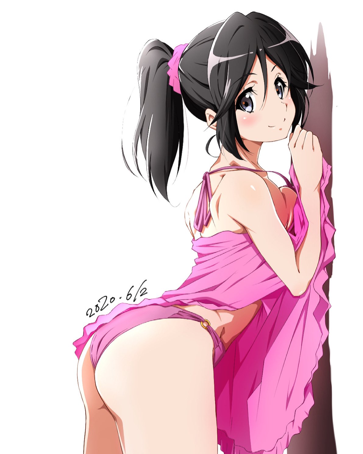 1girl, ass, bare_shoulders, bikini, black_hair, blue_eyes, blush, closed_mouth