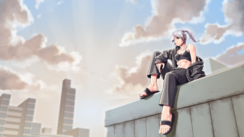1girl, abs, black_bra, black_footwear, black_pants, bra, building, city