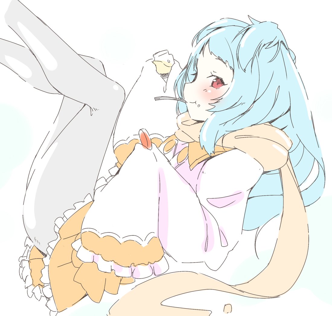 1girl, blue_hair, blush, dress, floating, food, food_on_face, from_side, ghost, kohaku_q, legs_up, long_hair, long_sleeves, looking_at_viewer, miyako_(princess_connect!), pantyhose, princess_connect!, pudding, scarf, simple_background, smile, solo, spoon, utensil_in_mouth, very_long_sleeves, white_background