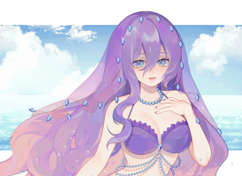 1girl, artist_name, bangs, bead_necklace, beads, blue_eyes, commission, hair_between_eyes, highres, jewelry, long_hair, mermaid, monster_girl, nail_polish, necklace, ocean, open_mouth, original, purple_hair, rionkun81, sky, solo, upper_body, veil