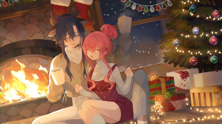 antlers, bangs, black_hair, blue_eyes, box, candy, candy_cane, christmas
