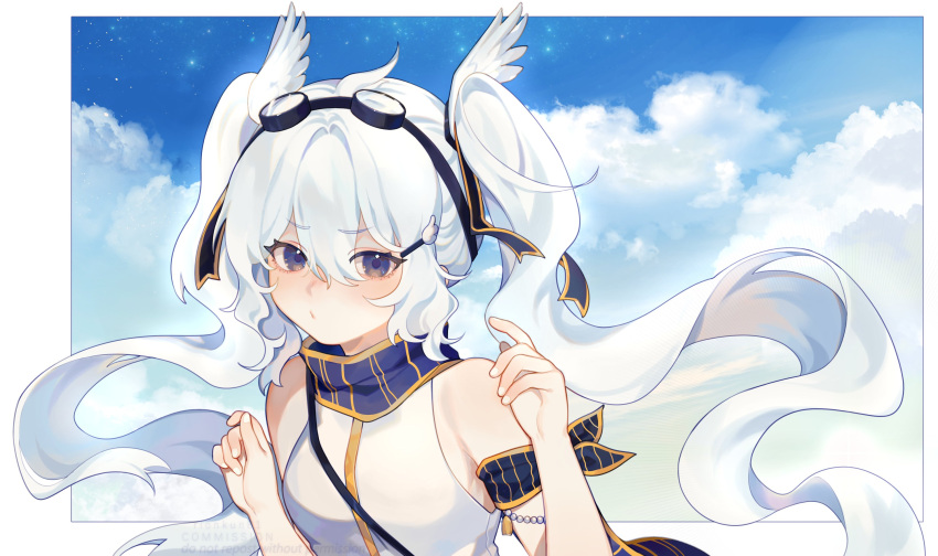 1girl, bangs, blue_eyes, commission, eyebrows_visible_through_hair, goggles, goggles_on_head, hair_between_eyes