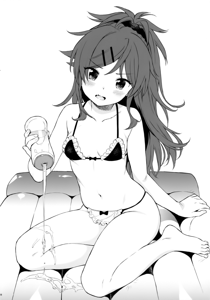 1girl, absurdres, air_mattress, bangs, bare_arms, bare_legs, bare_shoulders, barefoot, bikini, blush, breasts, chigusa_asuha, collarbone, commentary, eyebrows_visible_through_hair, fang, frilled_bikini, frills, full_body, greyscale, hair_ornament, hair_scrunchie, hairclip, head_tilt, high_ponytail, highres, holding, long_hair, looking_at_viewer, lotion_bottle, maid_bikini, monochrome, navel, open_mouth, ponytail, qualidea_code, scan, scrunchie, sekiya_asami, simple_background, sitting, small_breasts, solo, stomach, swimsuit, thighs, v-shaped_eyebrows, white_background, yokozuwari