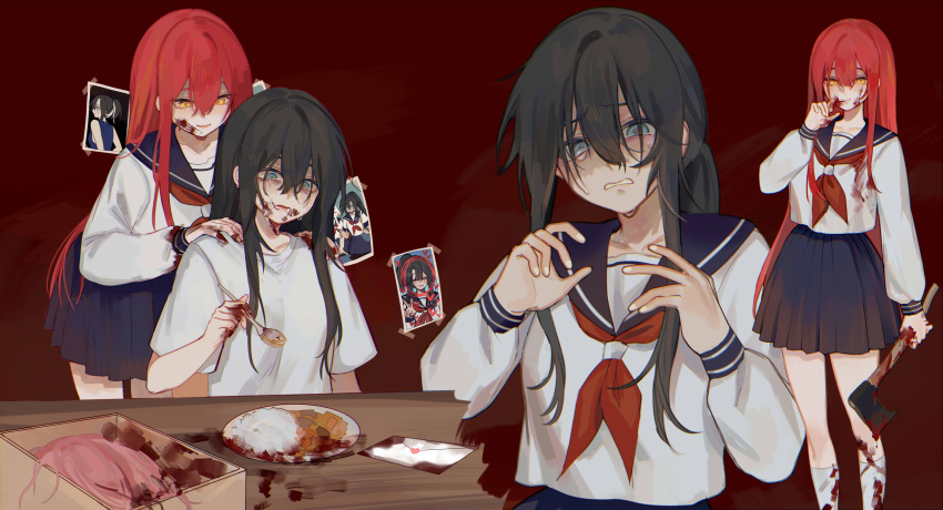 absurdres, axe, black_hair, blood, blue_eyes, highres, letter, long_sleeves, nail, open_mouth, original, picture_(object), red_neckwear, redhead, rionkun81, sailor_collar, school_uniform, shirt, white_legwear, white_shirt, yandere, yellow_eyes, yuri