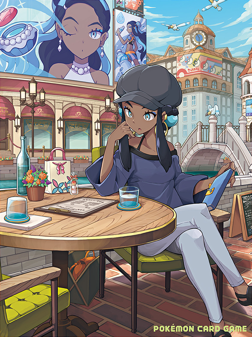 1girl, aqua_eyes, aqua_hair, artist_request, bag, black_footwear, black_hair, blue_eyeshadow