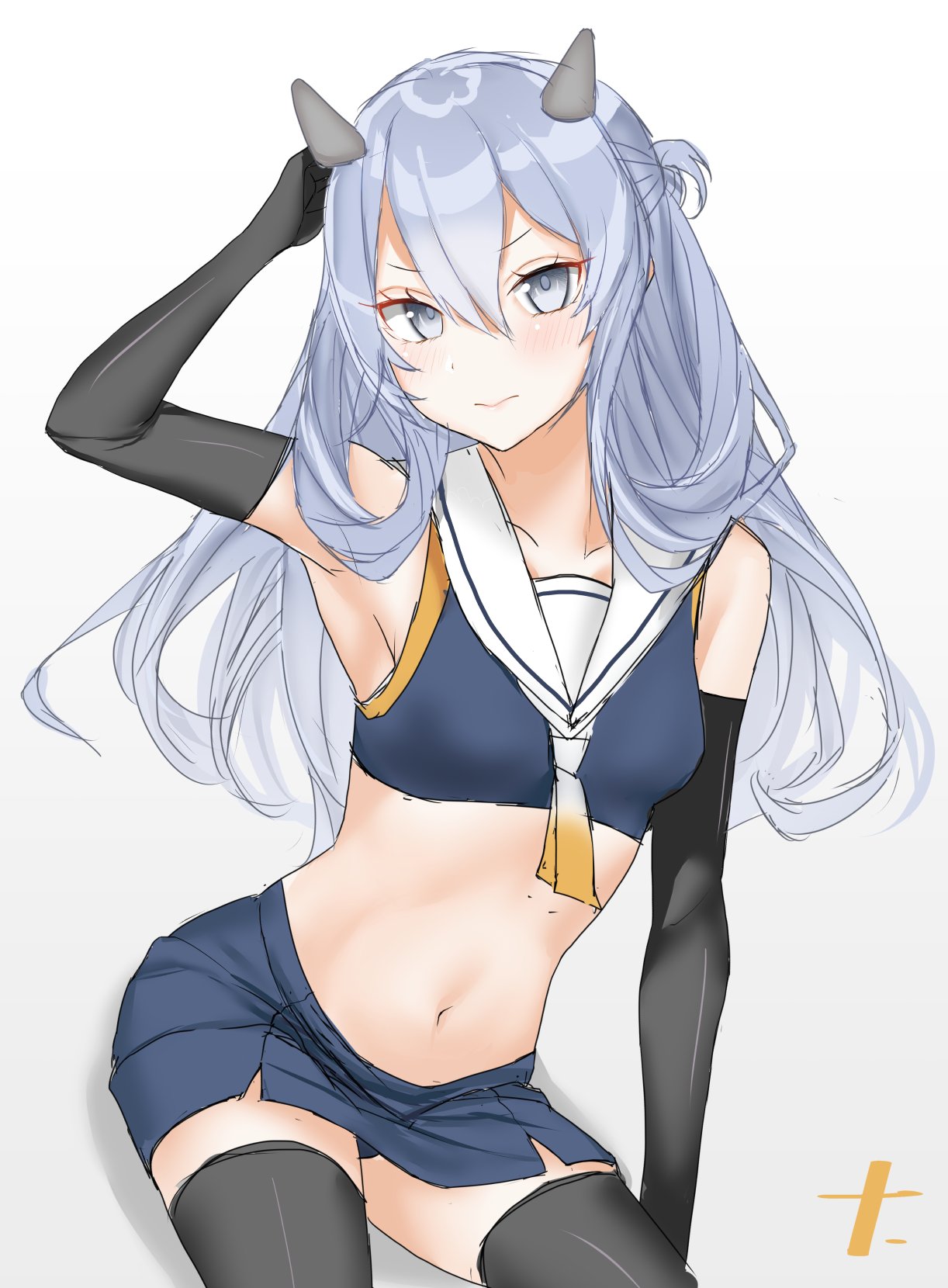 1girl, armpits, black_gloves, black_legwear, blue_skirt, blush, closed_mouth, cowboy_shot