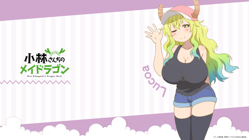 1girl, ;), baseball_cap, black_legwear, blonde_hair, character_name, contrapposto, copyright_name