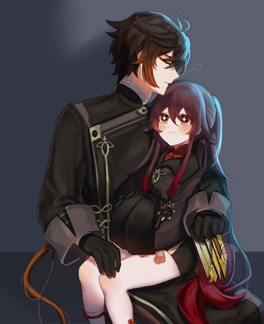 1boy, 1girl, absurdres, black_gloves, black_pants, black_shirt, black_shorts, blush, brown_hair, chinese_clothes, closed_eyes, genshin_impact, gloves, highres, hu_tao_(genshin_impact), huge_filesize, long_hair, long_sleeves, low_ponytail, makeup, mascara, pants, red_eyes, shirt, shorts, sitting, sitting_on_lap, sitting_on_person, sleeves_past_wrists, sp0i0ppp, star-shaped_pupils, star_(symbol), symbol-shaped_pupils, twintails, wide_sleeves, zhongli_(genshin_impact)