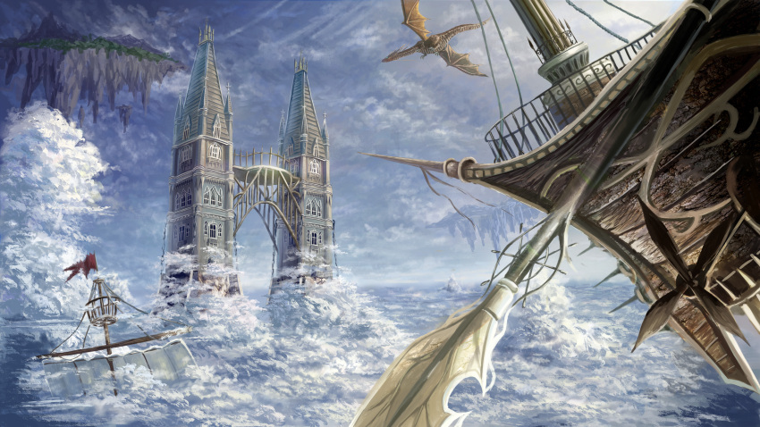 absurdres, aircraft, airship, building, clouds, crow's_nest, day, dragon
