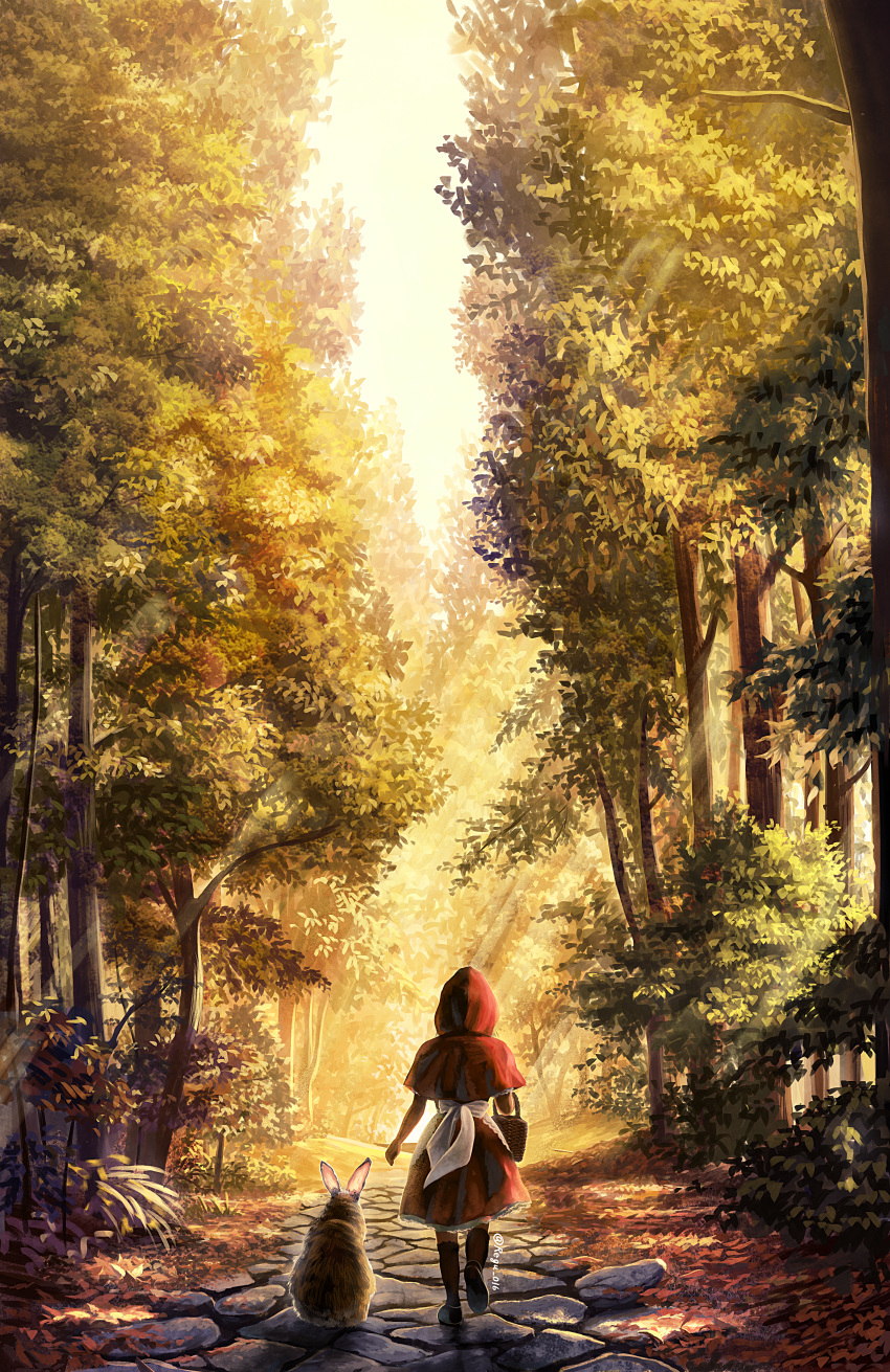 absurdres, artist_name, basket, day, fantasy, forest, from_behind, highres