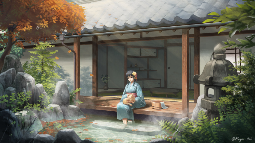 1girl, absurdres, architecture, artist_name, black_hair, blue_kimono, bucket, cat
