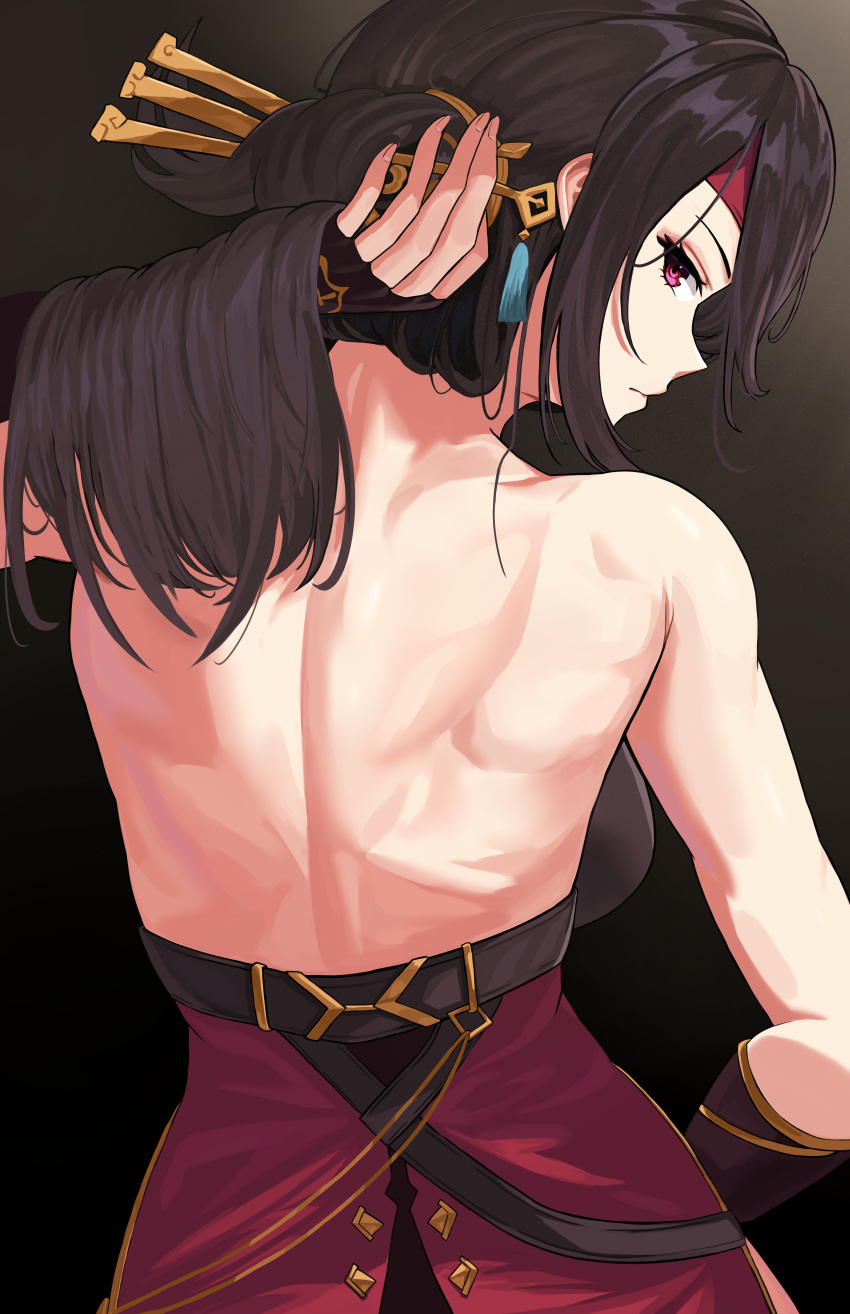 1girl, absurdres, back, bare_shoulders, beidou_(genshin_impact), brown_hair, from_behind, genshin_impact