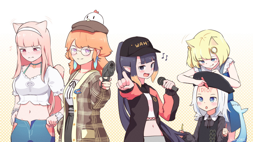 5girls, :q, animal_ears, beret, blonde_hair, blue_eyes, blush, closed_mouth