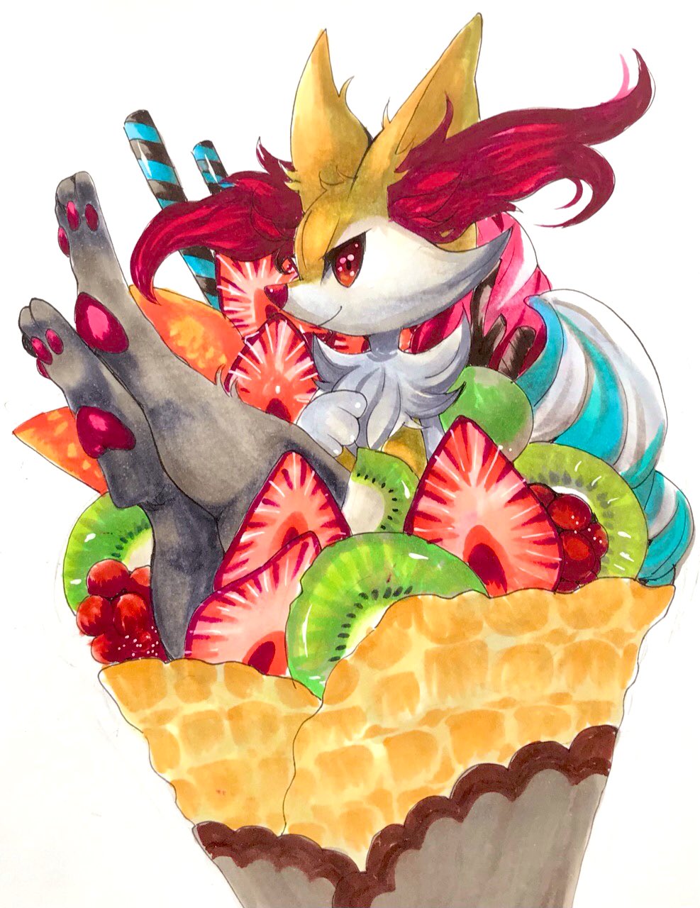 1girl, animal_ear_fluff, animal_ears, animal_nose, black_fur, body_fur, braixen, closed_mouth
