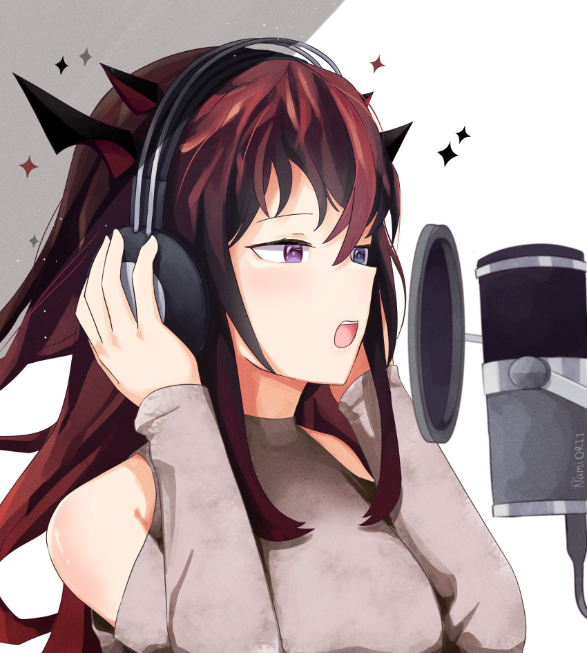 1girl, absurdres, bare_shoulders, blue_eyes, commentary, hands_on_headphones, headphones, heterochromia