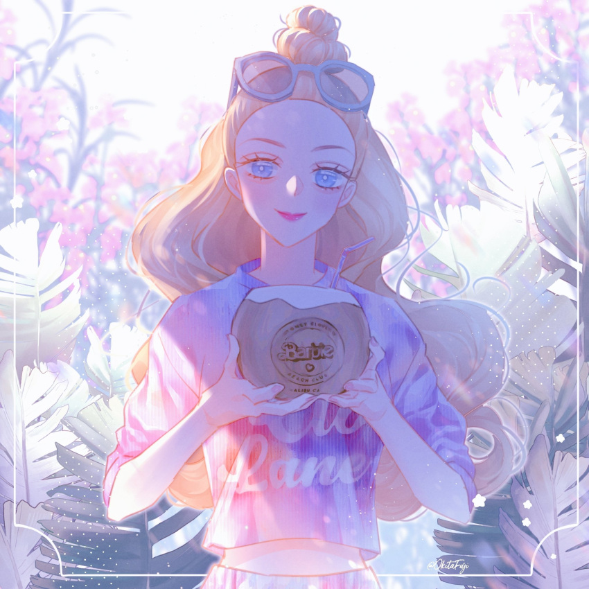 1girl, barbie_(character), barbie_(franchise), blonde_hair, blue_eyes, border, casual, coconut