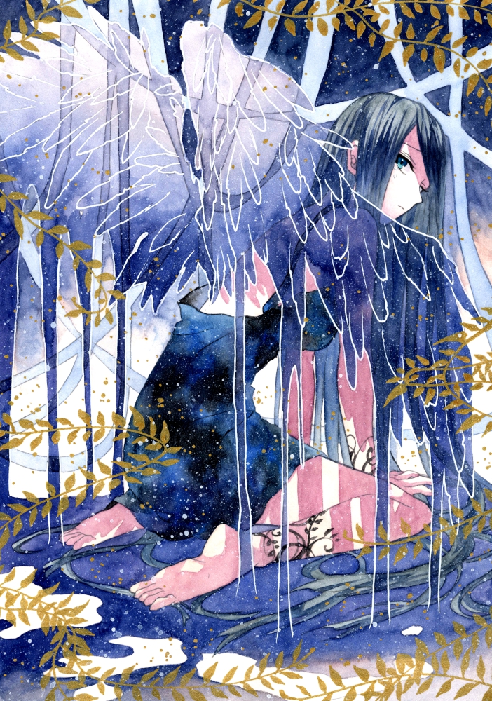 1girl, barefoot, black_hair, blue_eyes, dress, full_body, leg_tattoo, long_hair