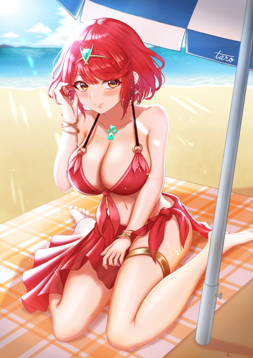 1girl, absurdres, alternate_costume, bangs, beach, breasts, chest_jewel, headpiece