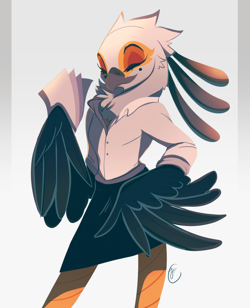 absurdres, aggressive_retsuko, bird, closed_eyes, clothes, feathers, furry, hands_on_hips