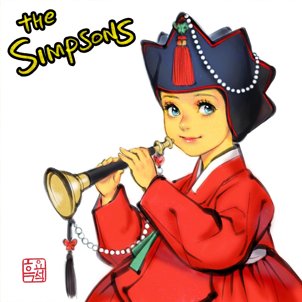 1girl, alternate_costume, beads, black_headwear, blue_eyes, butterfly_ornament, child, colored_skin, dress, eyelashes, green_ribbon, hanbok, hat, instrument, jobawi, korean_clothes, korean_traditional_hat, lisa_simpson, long_sleeves, music, musician, petite, playing_instrument, pointy_hat, puffy_dress, red_dress, ribbon, smile, solo, tassel, the_simpsons, traditional_clothes, traditional_dress, trumpet, western_animation, white_trim, woohnayoung, yellow_skin