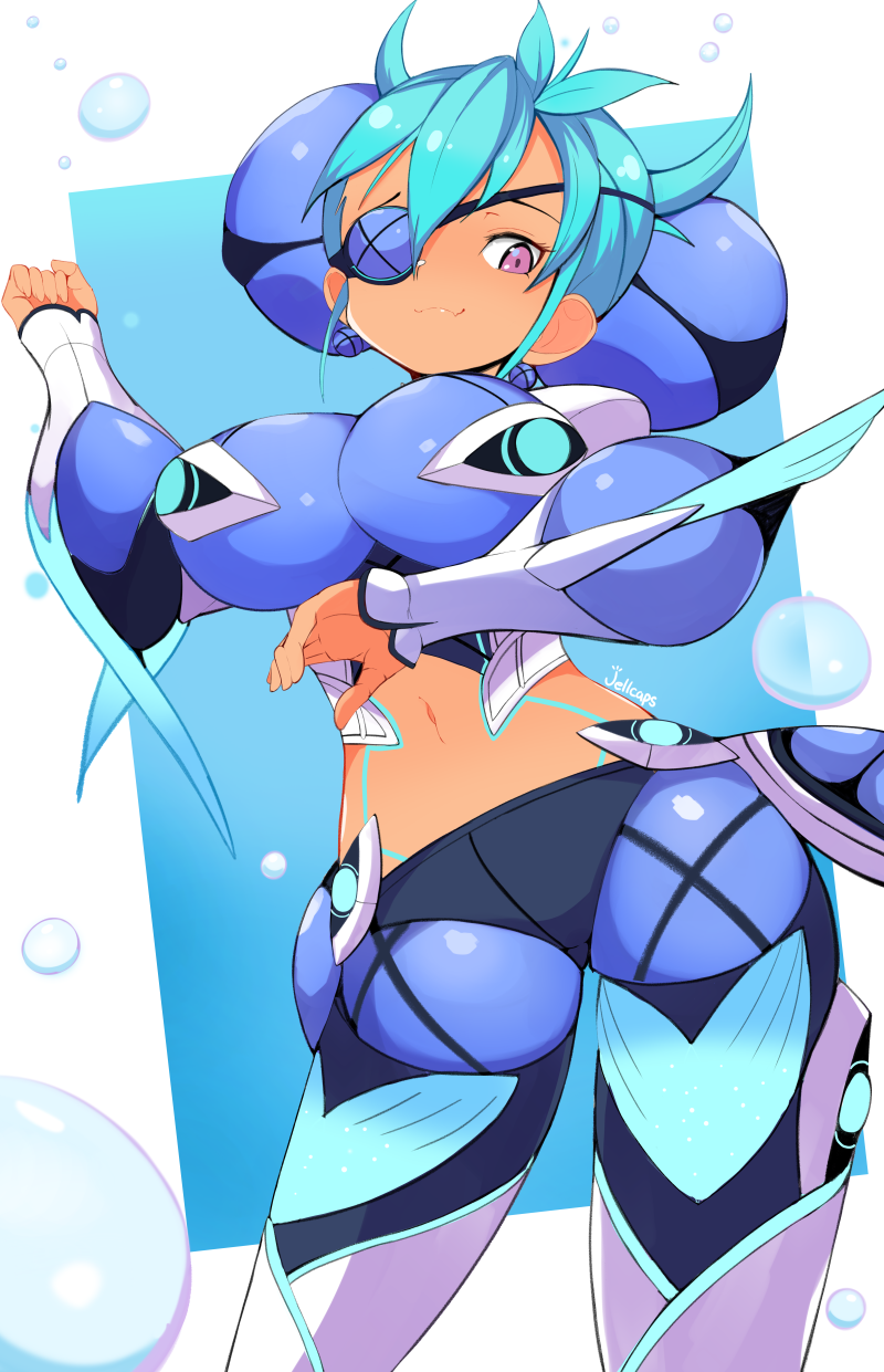 1girl, blue_hair, breasts, bubble, eyepatch, highres, jellcaps, large_breasts