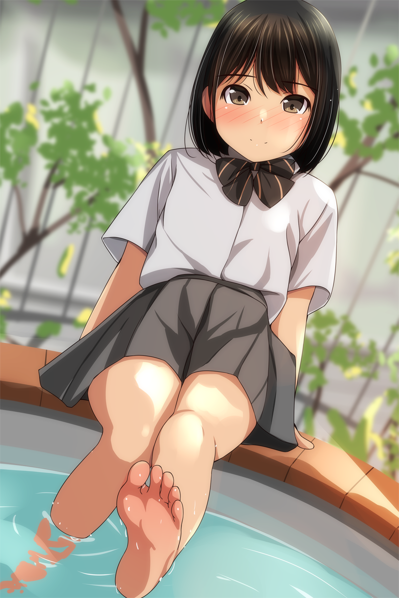 1girl, ashiyu, barefoot, black_hair, blush, bob_cut, brown_eyes, highres, looking_at_viewer, matsunaga_kouyou, original, school_uniform, short_hair, sitting, soaking_feet, soles, solo