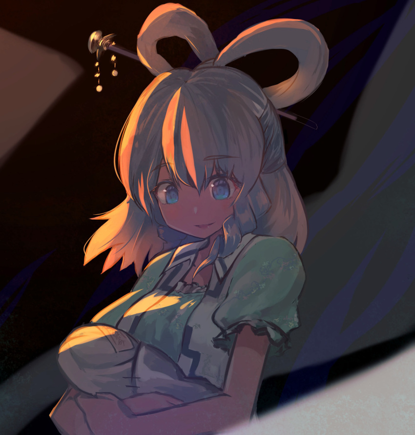 1girl, aqua_dress, bangs, blue_eyes, blue_hair, blurry, blurry_foreground, breasts