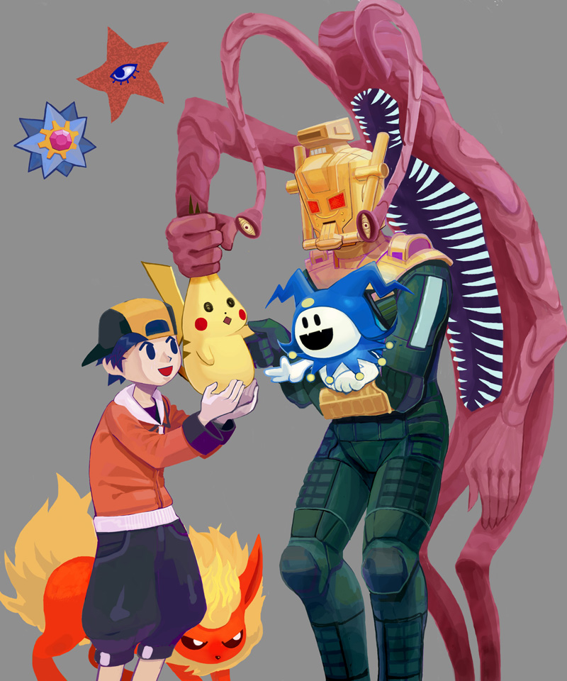 1boy, 27_degrees, 5others, alternate_color, alternate_costume, android, animal, atlus