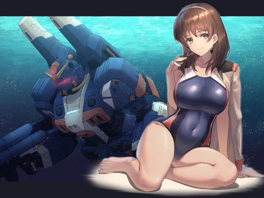 1girl, barefoot, black_swimsuit, breasts, brown_eyes, brown_hair, character_request, commentary_request
