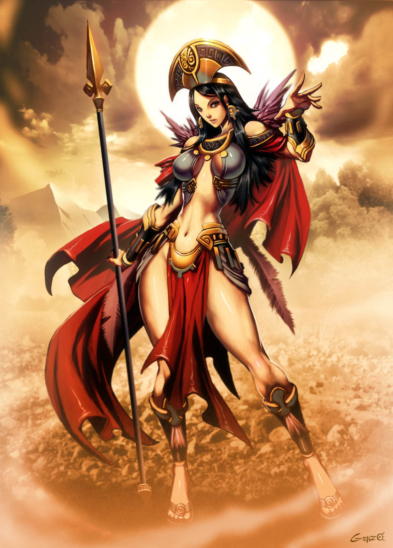 1girl, black_eyes, black_hair, breasts, cloud, clouds, feathers, genzoman, incan, large_breasts, legs, long_hair, mountain, original, peruvian, polearm, priestess, sandals, solo, spear, sun, tree, warrior, weapon