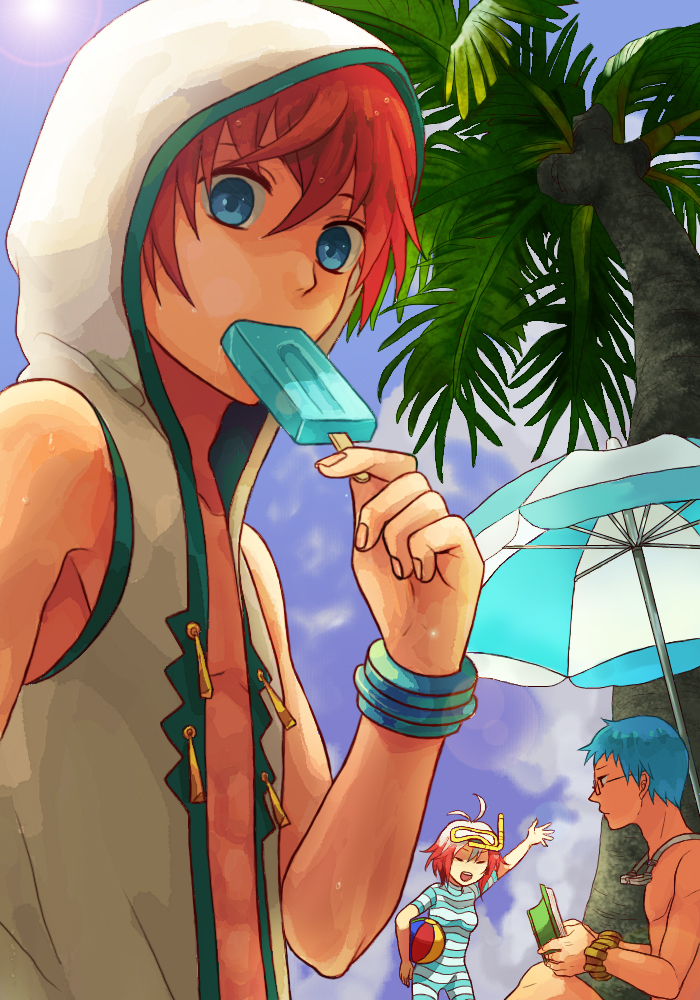 2boys, akke, asbel_lhant, ball, beachball, blue_eyes, blue_hair, book