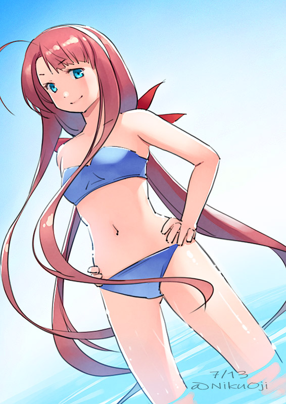 1girl, ahoge, asymmetrical_bangs, bangs, bikini, blue_bikini, breasts, commentary_request