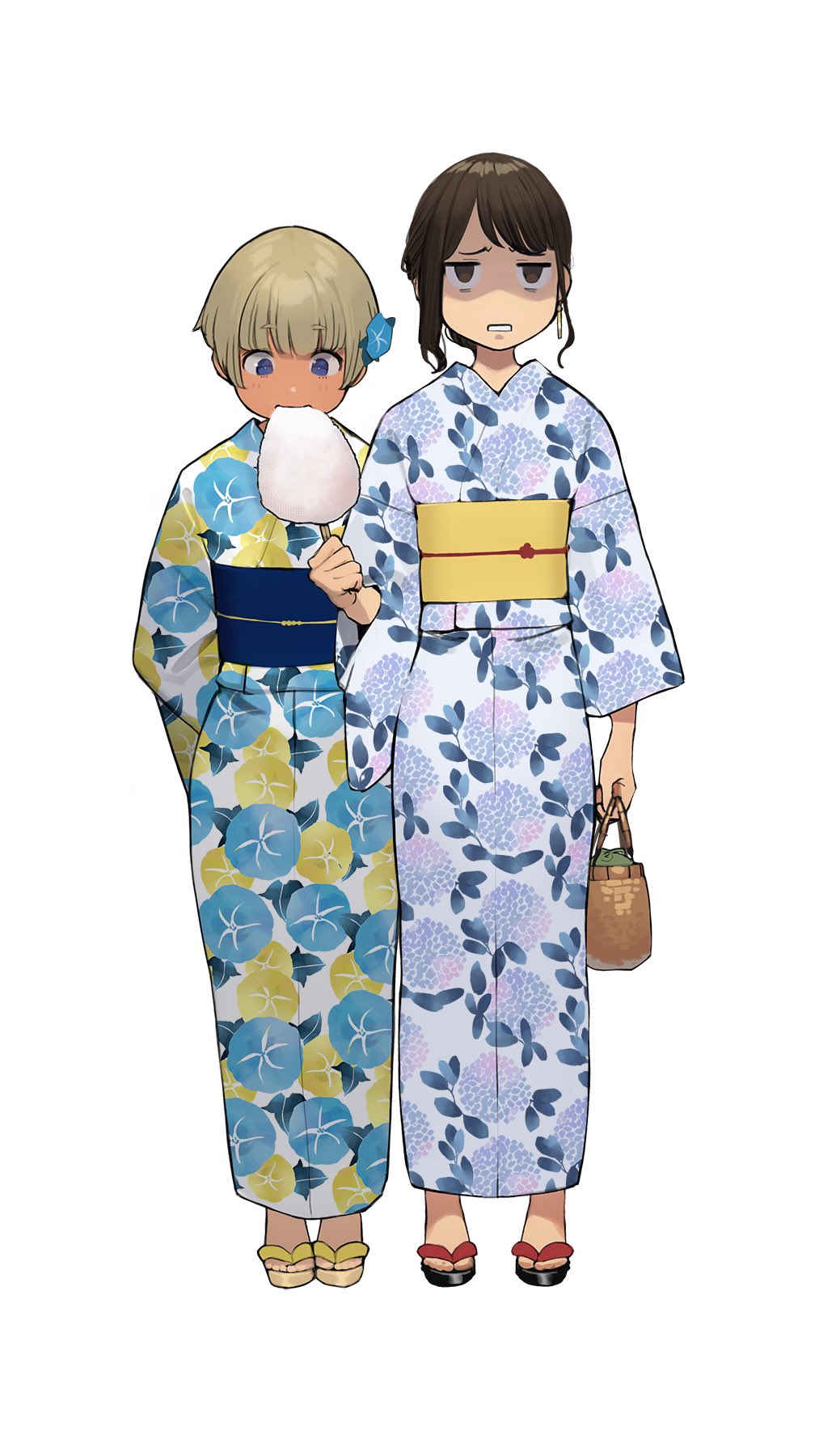 2girls, :o, arms_behind_back, bag, blonde_hair, blue_eyes, blue_flower, blue_kimono