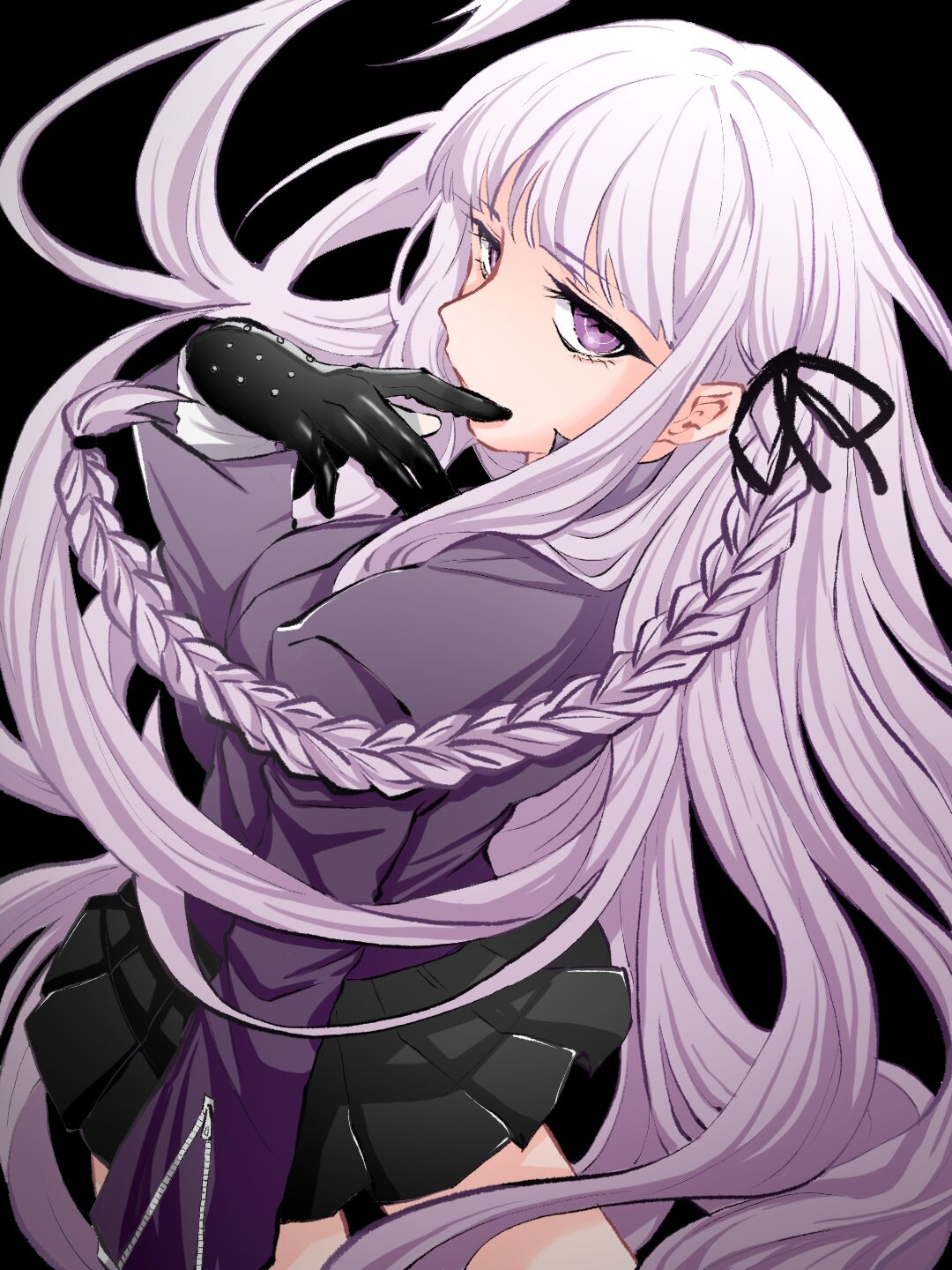 1girl, bad_perspective, bangs, black_background, black_gloves, black_ribbon, braid, commentary_request