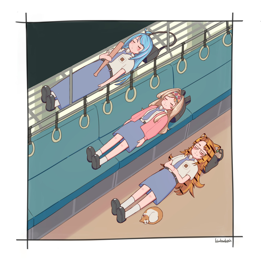 3girls, absurdres, animal_ears, animal_print, azura_cecillia, bag, baseball_bat, bima_panji_y
