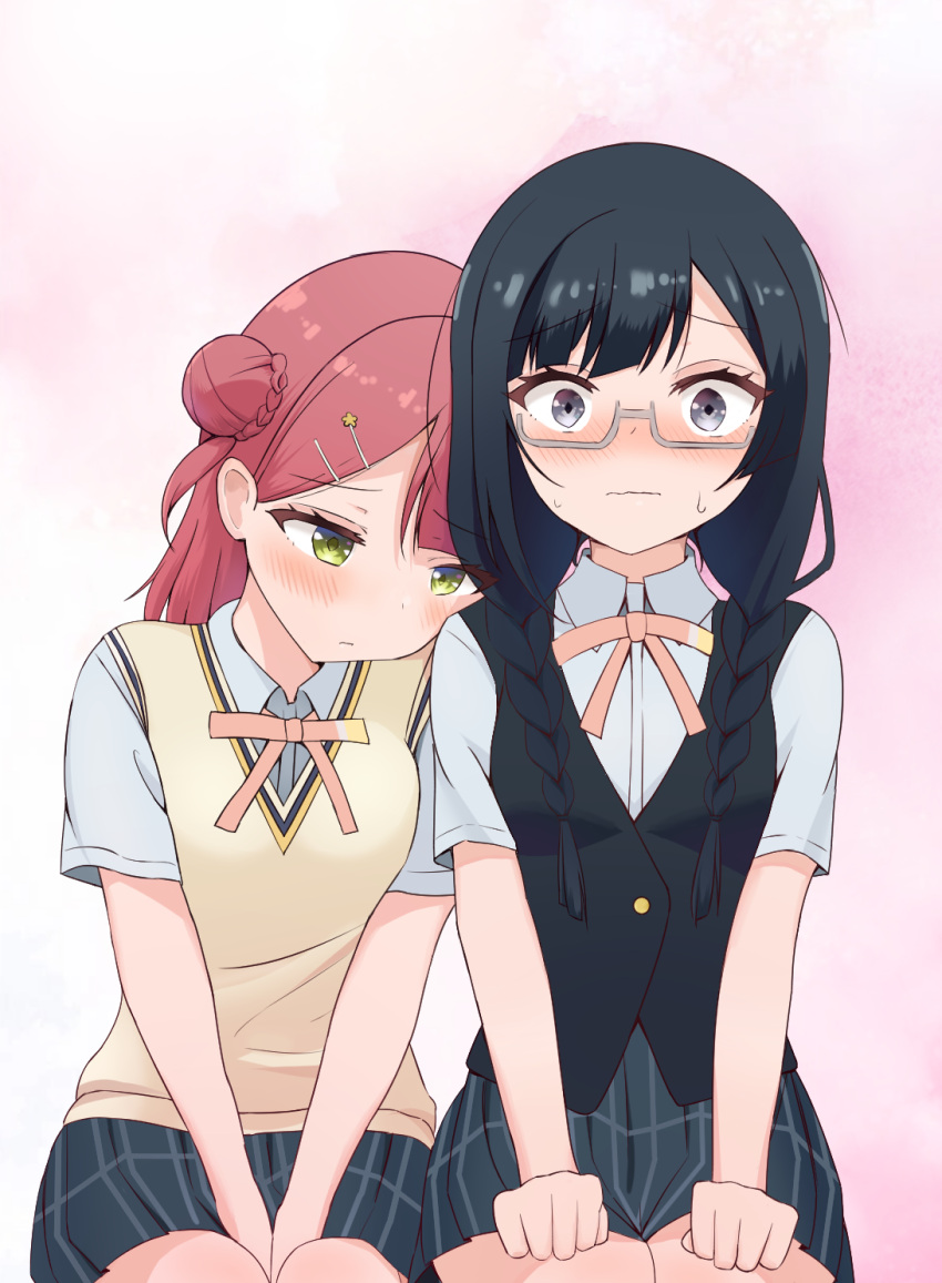 2girls, bangs, black_eyes, black_hair, blue_vest, blunt_bangs, blush, braid, braided_bun, collared_shirt, couple, dress_shirt, glasses, grey_eyes, grey_skirt, hair_ornament, hairpin, half_updo, head_on_another's_shoulder, highres, long_hair, love_live!, love_live!_nijigasaki_high_school_idol_club, low_twintails, medium_hair, miiruel, multiple_girls, nakagawa_nana, neck_ribbon, nijigasaki_academy_uniform, orange_hair, pink_hair, plaid, plaid_skirt, pleated_skirt, red_neckwear, ribbon, school_uniform, semi-rimless_eyewear, shirt, side_bun, skirt, summer_uniform, swept_bangs, twin_braids, twintails, uehara_ayumu, vest, yellow_eyes, yuri, yuuki_setsuna_(love_live!)