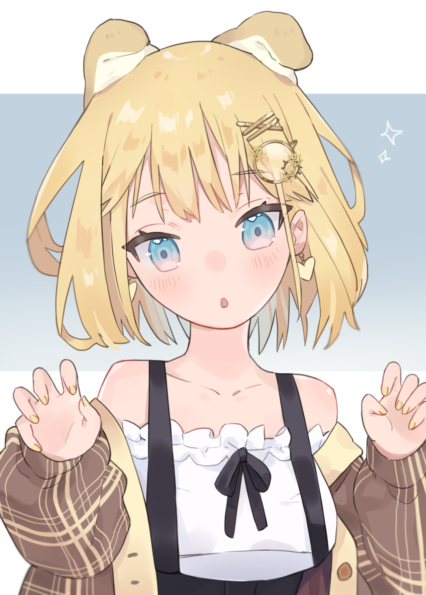 1girl, :o, absurdres, animal_ears, blonde_hair, blue_eyes, brown_jacket, claw_pose
