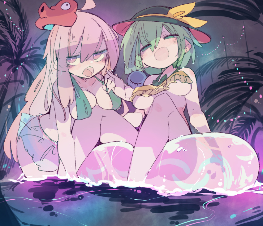2girls, ahoge, bangs, barefoot, black_headwear, breasts, buoy, green_eyes