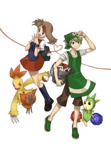 1boy, 1girl, alternate_costume, bandana, blue_eyes, brown_hair, combusken, commentary_request