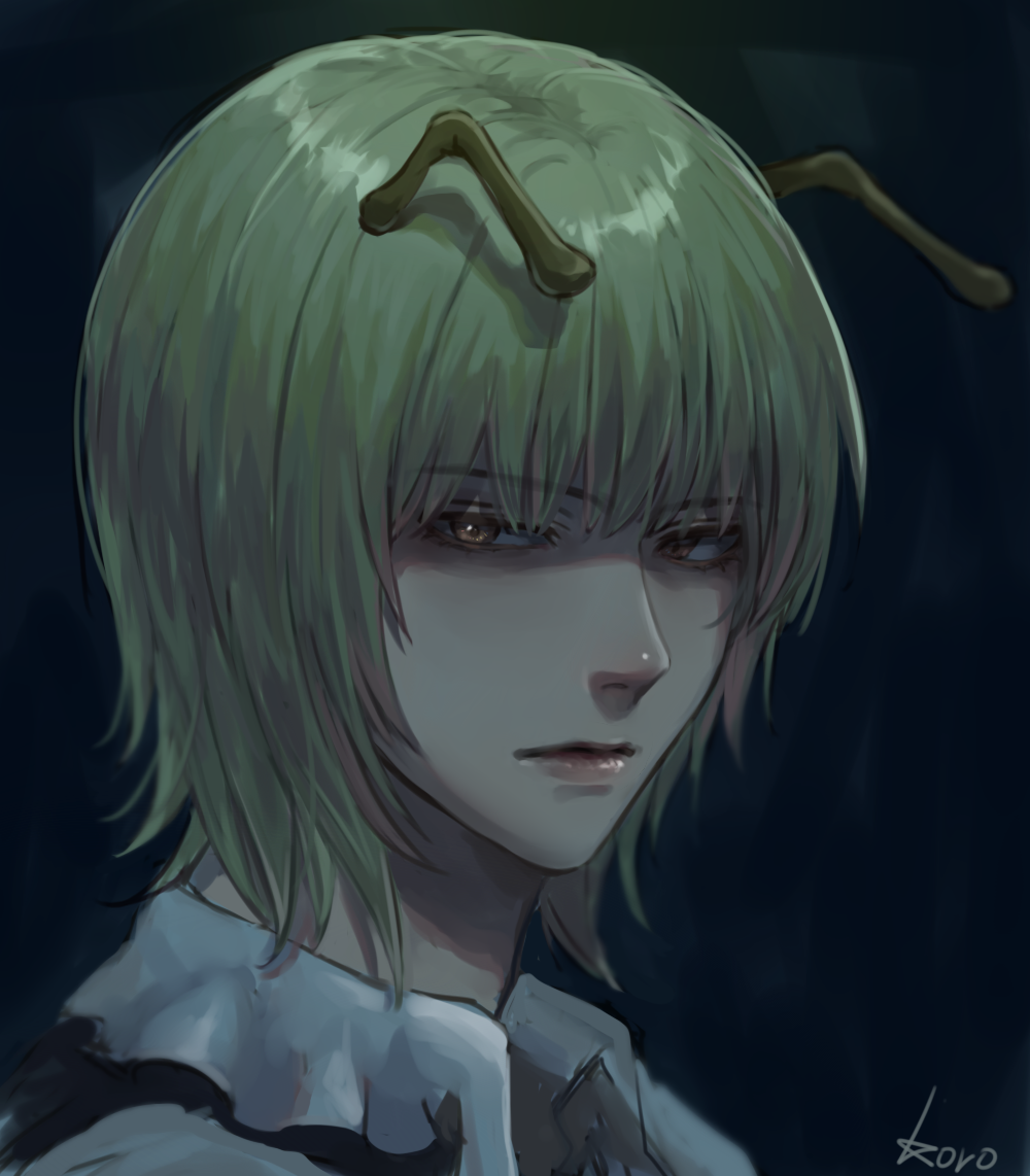 1boy, antennae, artist_name, bangs, blonde_hair, brown_eyes, closed_mouth, collared_shirt