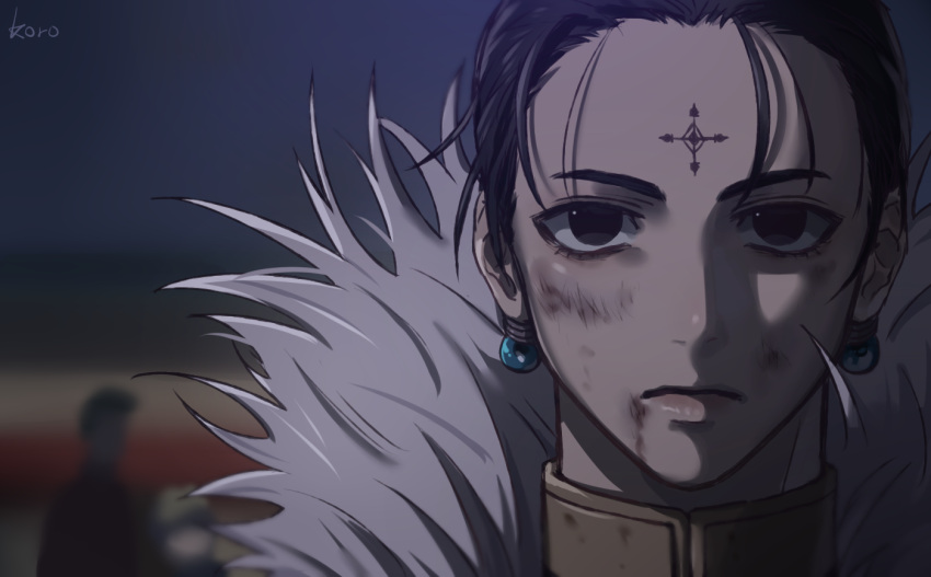 1boy, 2others, artist_name, black_eyes, black_hair, blood, blood_from_mouth, blurry