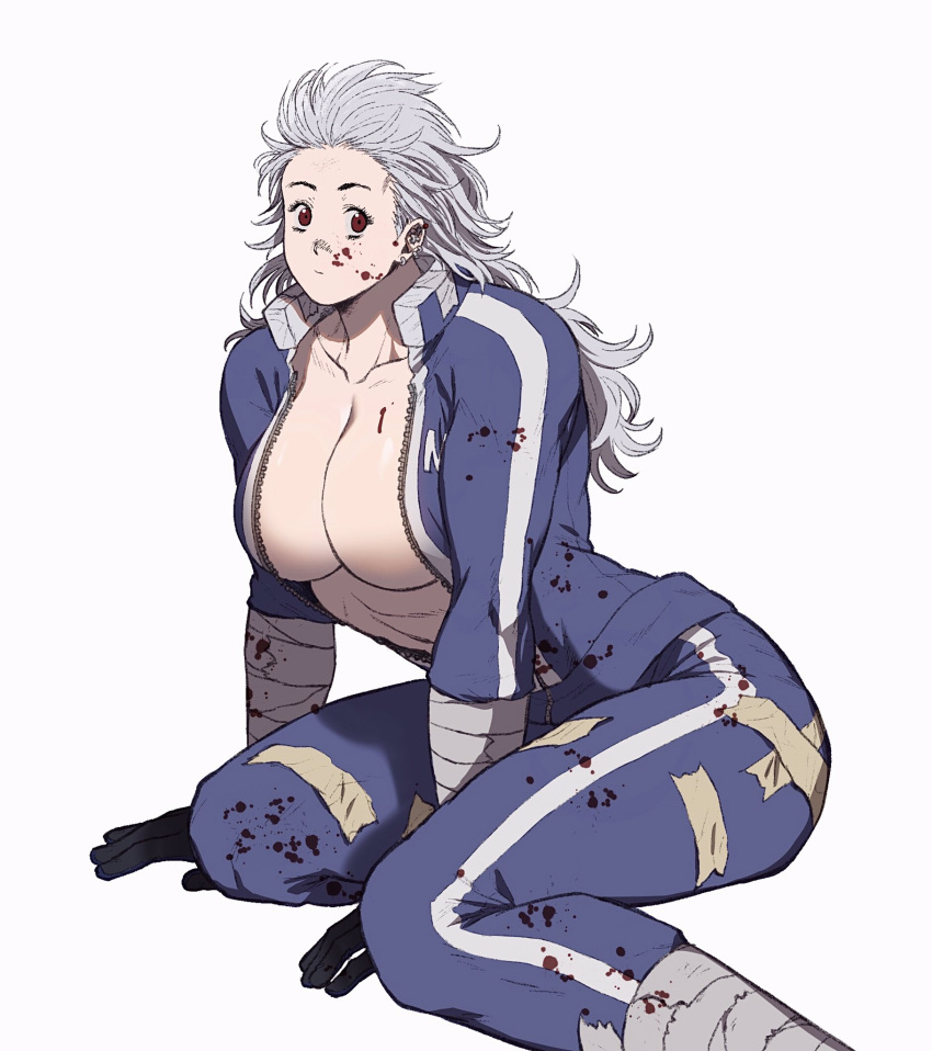 1girl, black_gloves, blood, blood_on_breasts, blood_on_face, bloody_clothes, blue_pants, breasts