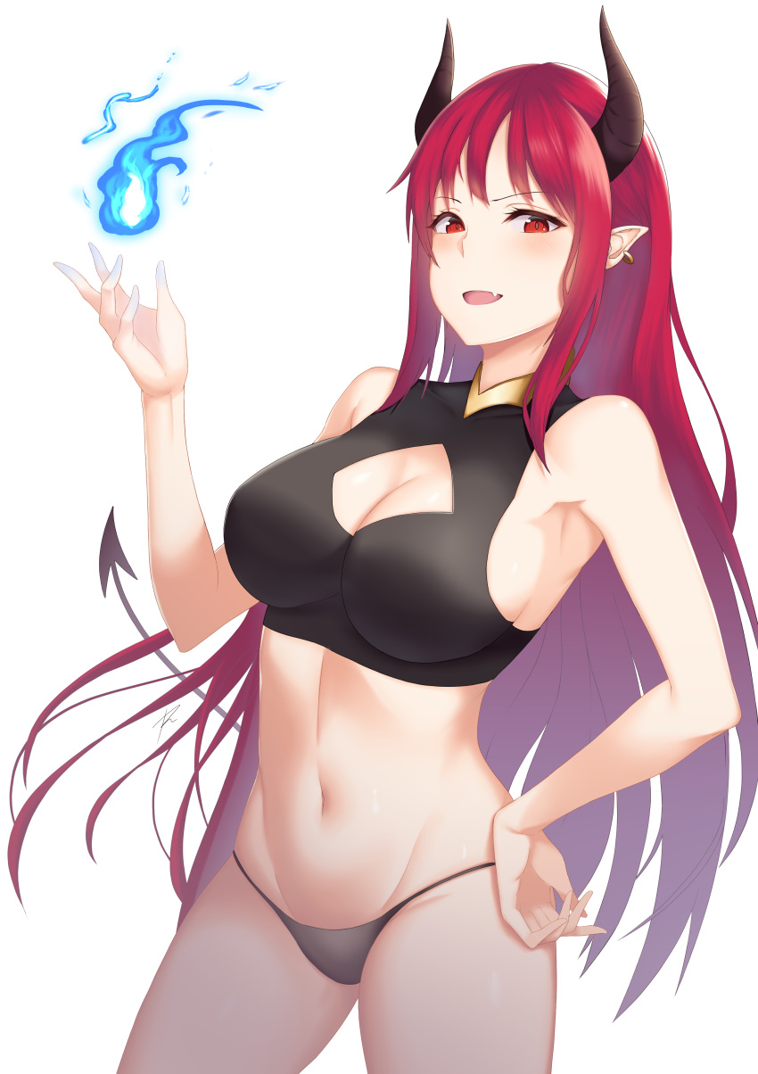 1girl, :d, absurdres, bangs, bare_shoulders, black_bra, black_horns, black_panties, blush, bra, breasts, cleavage_cutout, clothing_cutout, covered_collarbone, cowboy_shot, demon_girl, demon_horns, ear_piercing, eyebrows_visible_through_hair, fang, groin, hand_on_hip, hand_up, highres, horns, large_breasts, long_hair, looking_at_viewer, medium_breasts, midriff, navel, open_mouth, original, panties, piercing, pointy_ears, raise094, red_eyes, redhead, skin_fang, smile, solo, standing, stomach, string_panties, underwear, very_long_hair