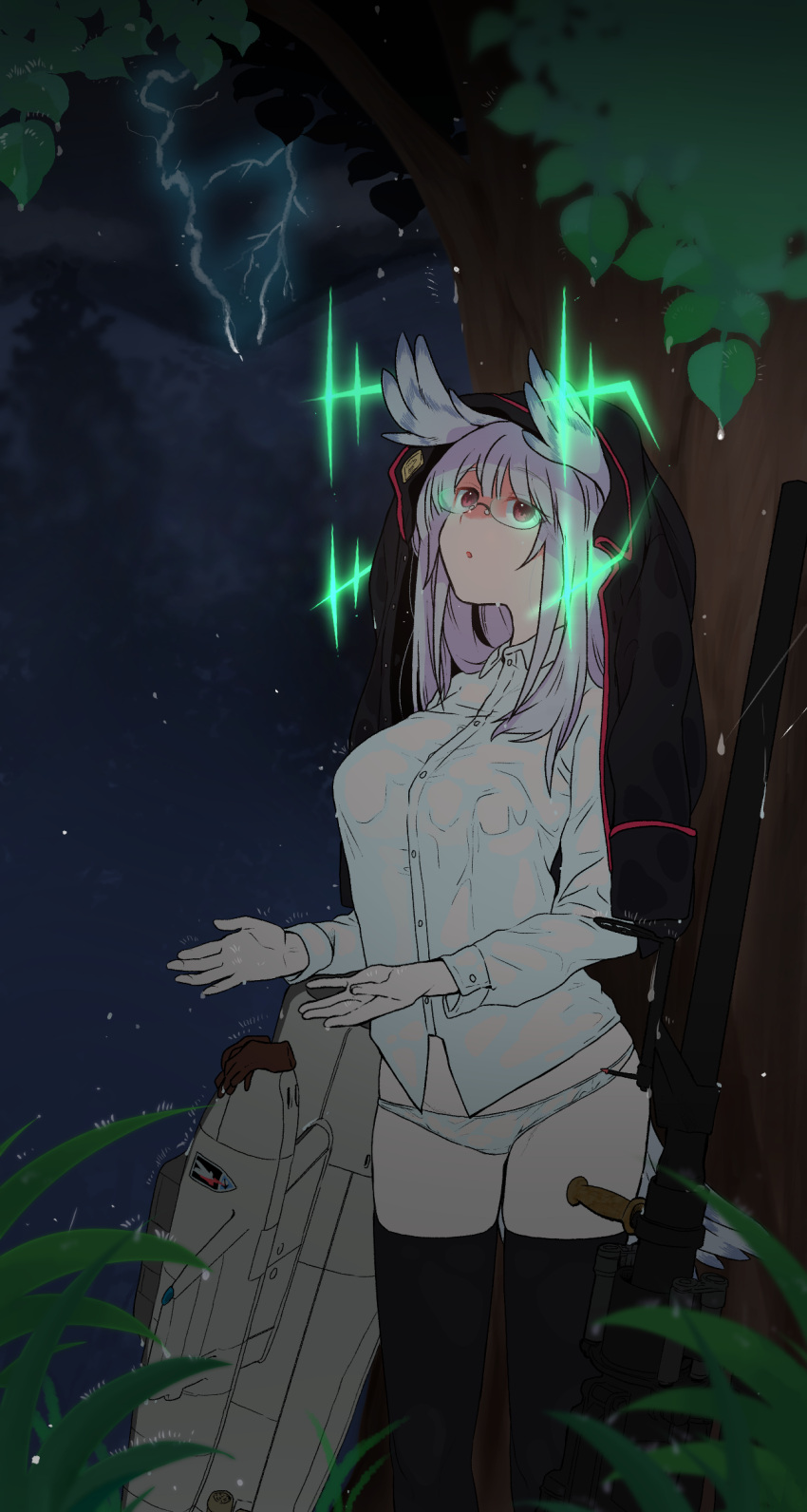 1girl, black-framed_eyewear, black_legwear, brown_gloves, glasses, gloves, gloves_removed, grey_hair, heidimarie_w._schnaufer, highres, ika_(hinatu1992), lightning, long_hair, looking_up, rain, red_eyes, see-through, semi-rimless_eyewear, shirt, solo, strike_witches, striker_unit, thigh-highs, tree, under_tree, wet, wet_clothes, wet_shirt, white_legwear, world_witches_series