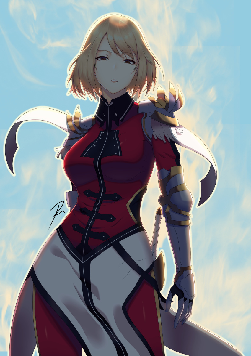 1girl, absurdres, arms_at_sides, bangs, blonde_hair, blush, bodysuit, breasts