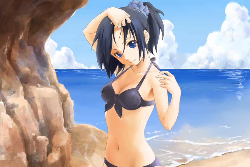 black_hair, blue_eyes, cloud, clouds, highres, komeimax, navel, original