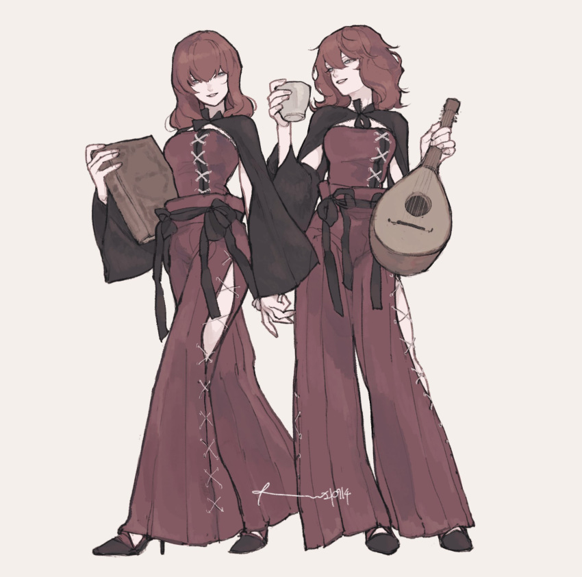 2girls, black_capelet, black_ribbon, book, capelet, cross-laced_clothes, cross-laced_legwear, cup