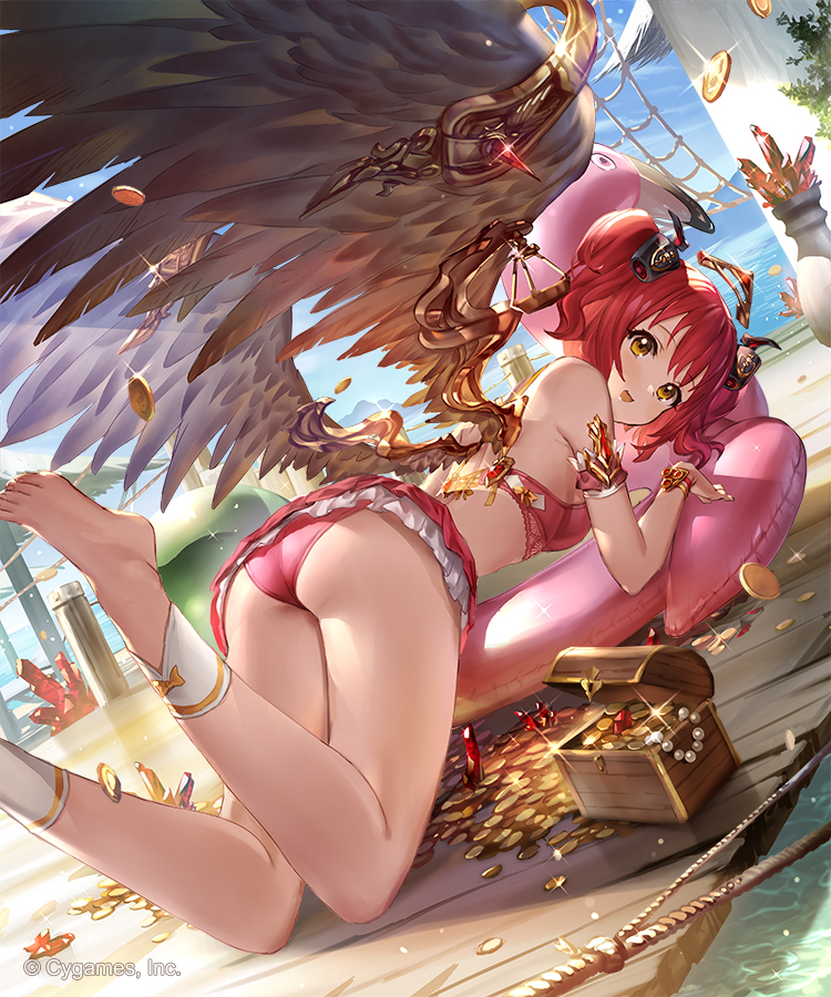 1girl, 77gl, angel_wings, ass, bangs, bare_arms, barefoot, bikini