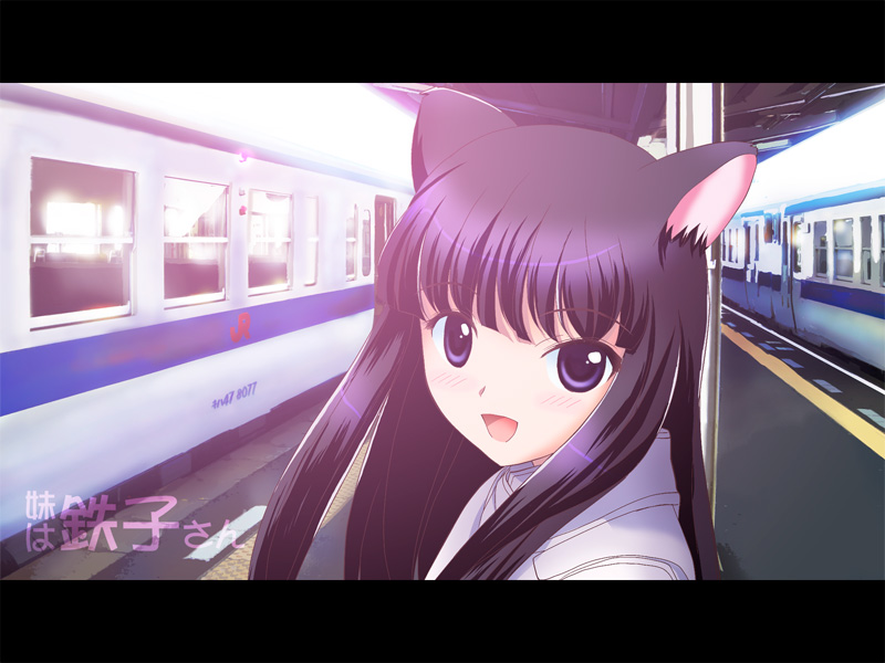 cat_ears, letterboxed, original, purple_eyes, purple_hair, solo, train, train_station