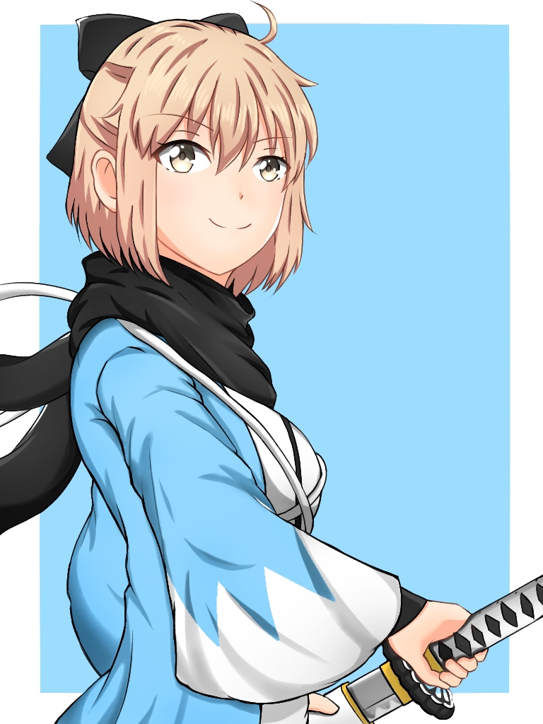 1girl, aeris_xiii, ahoge, black_scarf, blonde_hair, blue_background, border, fate/grand_order, fate_(series), hair_between_eyes, haori, japanese_clothes, katana, okita_souji_(fate), okita_souji_(fate)_(all), outside_border, scarf, sheath, shinsengumi, short_hair, smile, solo, sword, unsheathing, upper_body, weapon, white_border, wide_sleeves, yellow_eyes